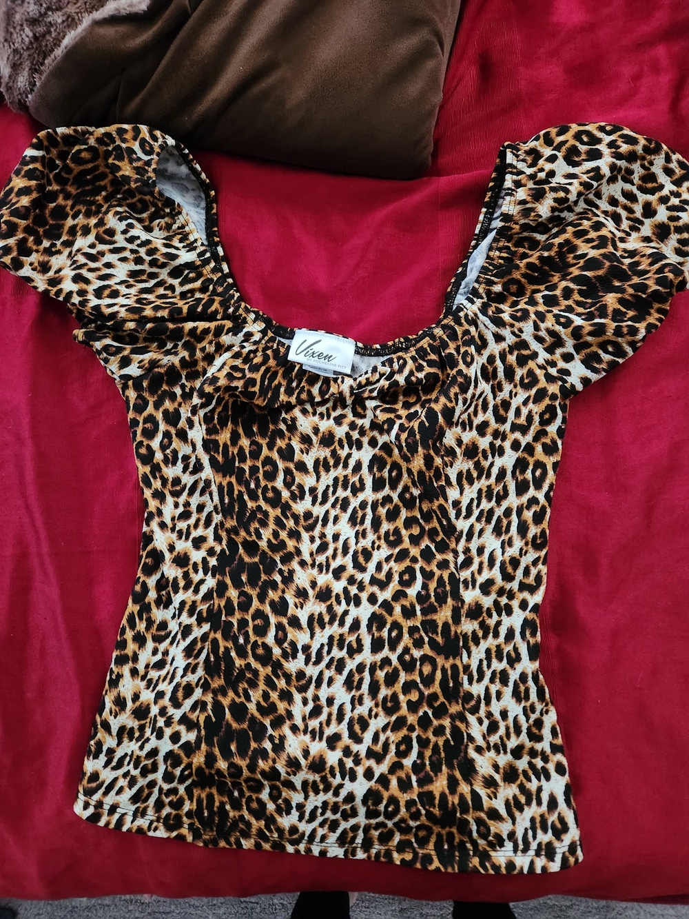 Vixen by Micheline Pitt Leopard Print Puff-Sleeve Top - Brown/Black